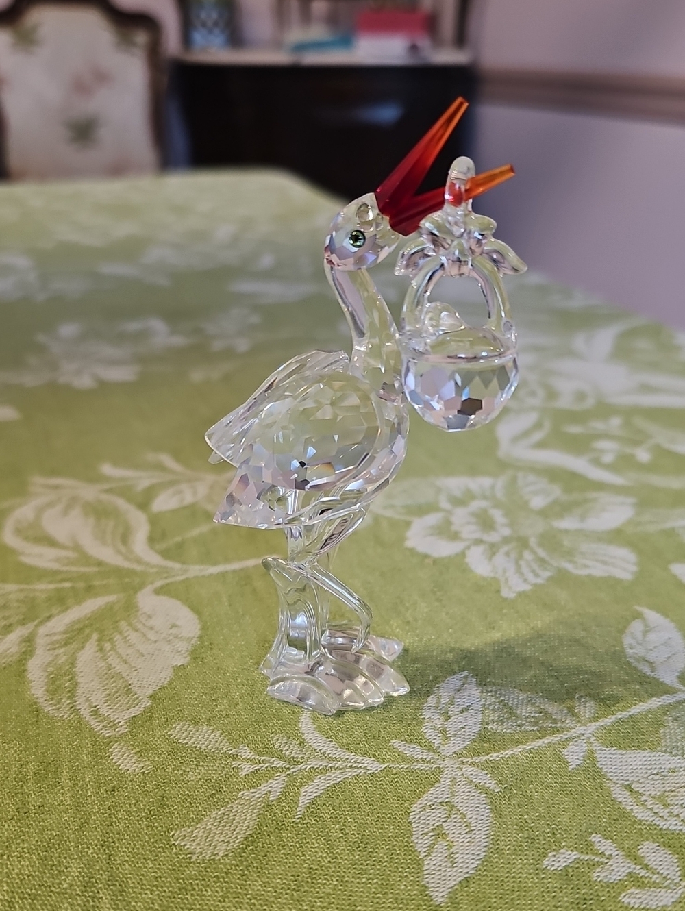Swarovski Clear Crystal Stork with Orange Beak and Basket